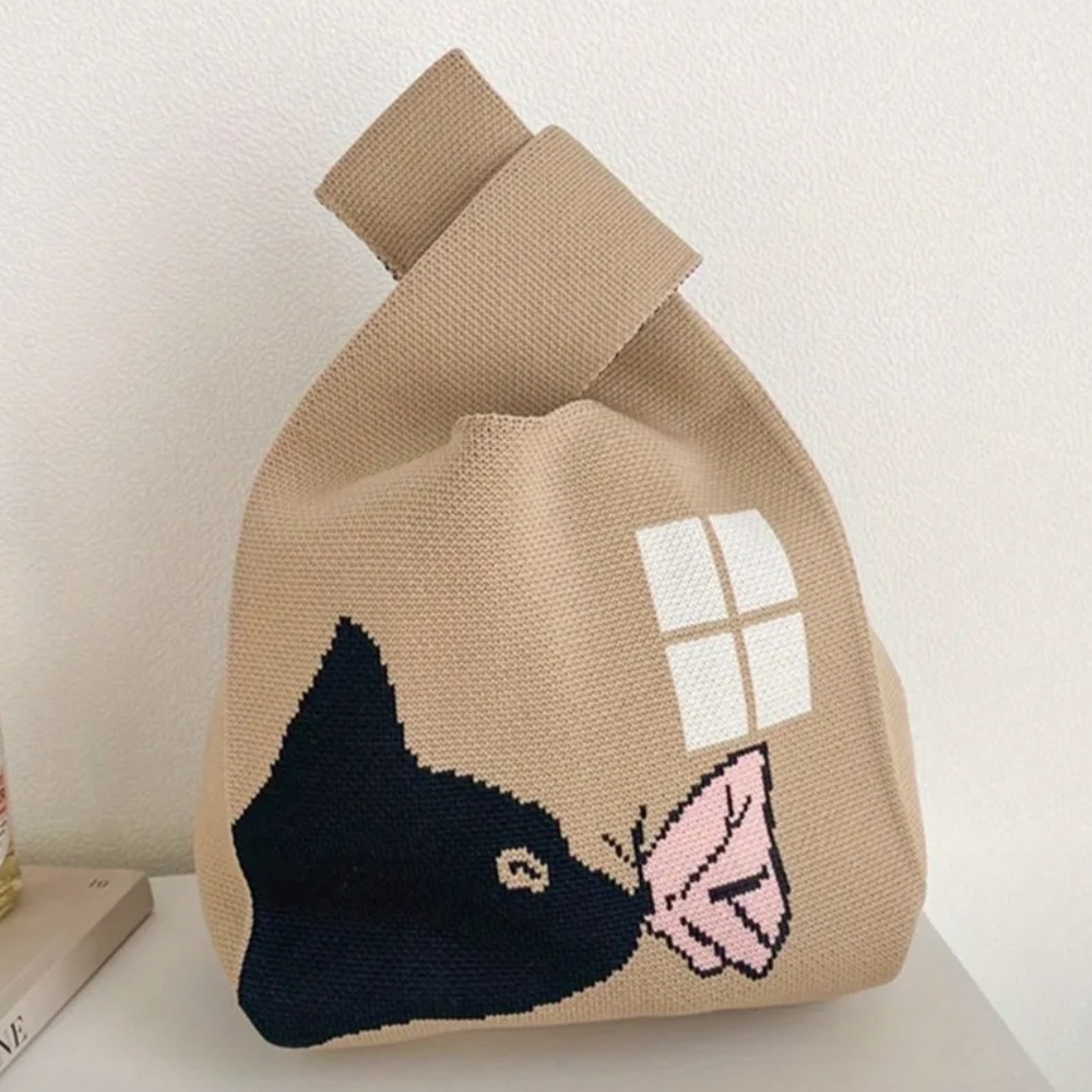 Heavy Woven Knit Cat Pattern Tote Purse Bag Japanese Knot  Closure Style